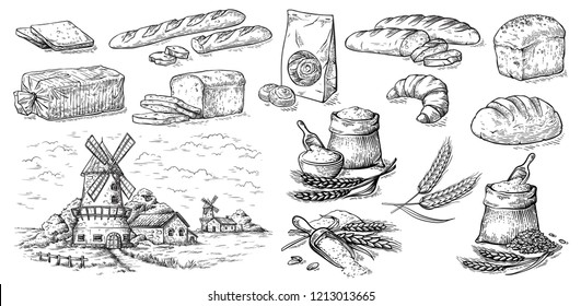 collection of natural elements of bread and flour mill sketch vector illustration