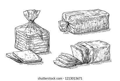 collection of natural elements of sliced toast bread and cellophane package sketch vector illustration