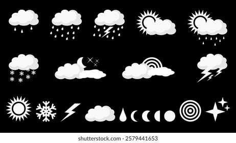 Collection of natural elements such as clouds, rain, lightning, snow, rainbow, moon and stars on a black background