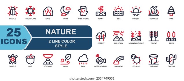 colección de íconos naturales. 2 líneas de color estilo. contiene nube, peces de mar profundo, peces, arco iris, Clima, eclipse, tornado, cactus, escarabajo, insecto, nieve, copo de nieve, cueva, luna, noche.