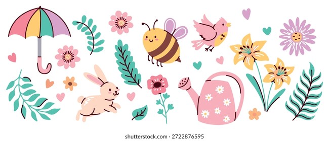 Sammlung von Naturartikeln, darunter Kätzchen-Vogelschirm und blühende Blumen. Ideal für Einladungen für Saisonkarten und Kindergarten.