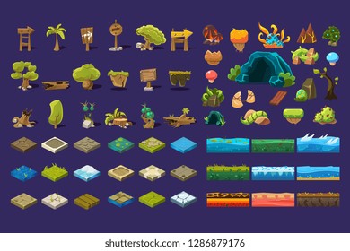 Collection of natural landscape elements, trees, wooden signs, stones, ground platforms, user interface assets for mobile apps or video games vector Illustration