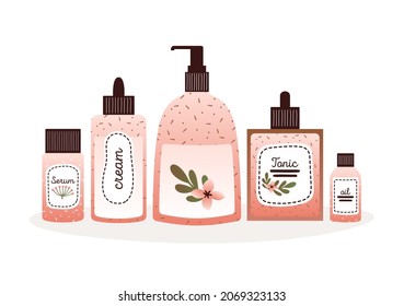 Collection of natural organic cosmetic products for skin care with green plants and flowers. Beauty routine set. Vector flat illustrations for marketing, website, merch, card in flat style.