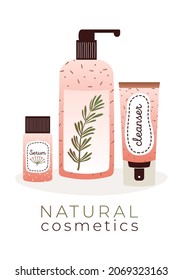Collection of natural organic cosmetic products for skin care with green plants and flowers. Beauty routine set. Vector flat illustrations for marketing, website, merch, card in flat style.