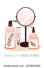 Collection of natural organic cosmetic products for skin care with green plants and flowers. Beauty routine set. Vector flat illustrations for marketing, website, merch, card in flat style.