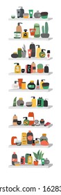 Collection of natural organic cosmetics products in bottles, jars, tubes for skin in trendy hand drawn style. Skincare routine set. Cartoon vector illustration