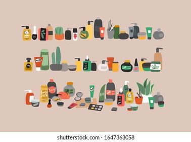 Collection of natural organic cosmetics products in bottles, jars, tubes for skin in trendy hand drawn style. Skincare routine set. Cartoon vector illustration