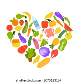 Collection of natural organic food - vegetables, fruits, meat, fish and oil. Group in the form of a heart. Vector flat illustration isolated on white background
