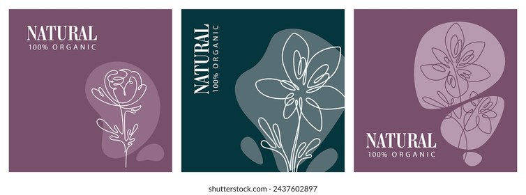 Collection of natural and organic goods and items logos with blooming flowers. Promotional banner or product package sticker free from synthetic additives and pesticides. Vector in flat style