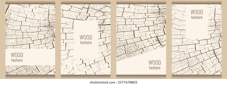 Collection of natural wooden textures. Natural eco background with tree pattern. Stamp of a tree trunk in section. Template for menu cover, brochure, flyer, book. Vector image.