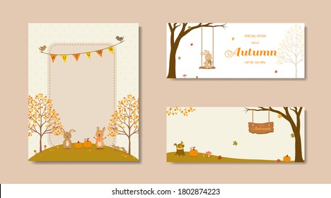 Collection of nature autumn sale banner with cute animal and colorful leaves,fall poster background for advertising,website,flyer,template,voucher discount or promotion,vector illustration
