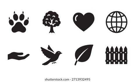 Collection of nature conservation vector icons: paw print, tree, heart, globe, care, bird, leaf and fence. Environmental, ecology and wildlife design elements.