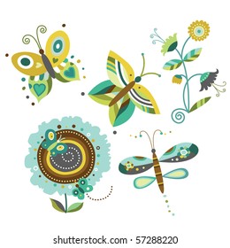 Collection of nature elements - flowers, butterflies, dragonfly