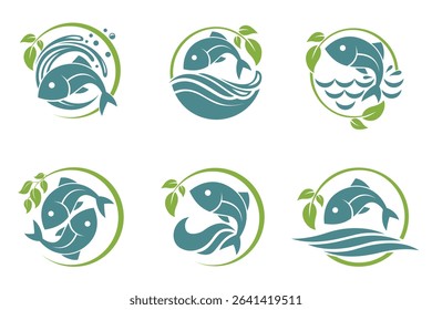 collection of nature fish icon with waves isolated on white background