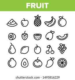 Collection Nature Fruit Elements Vector Icons Set Thin Line. Pineapple And Apple, Strawberry And Grape, Cherry And Lemon Delicious Fruit Concept Linear Pictograms. Monochrome Contour Illustrations