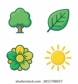 Collection of nature icons featuring tree leaf flower and sun