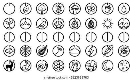 Collection of nature icons inside power button symbols representing ecology and environment