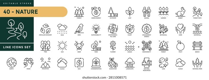 A collection of Nature icons set with editable stroke, including tree, leaf, plant, flower, environment, ecology, outdoor, mountain, river, landscape, forest. Thin linear vector illustration
