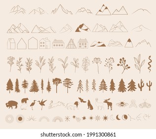 Collection of Nature Icons, Symbols, Elements with nature, tree, plant, animals, archetecture elements. Perfect for create logotype. Minimalistic one line design. Editable Vector Illustration.