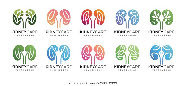 Collection of nature kidney logo designs. Kidney internal organ logo design vector icon made with lines and leaves	