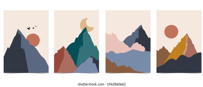 Collection of nature landscape background set with mountain,sea,sun,moon.Editable vector illustration for website, invitation,postcard and poster