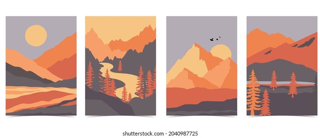 Collection of nature landscape background set with mountain,sea,sun,moon.Editable vector illustration for website, invitation,postcard and poster