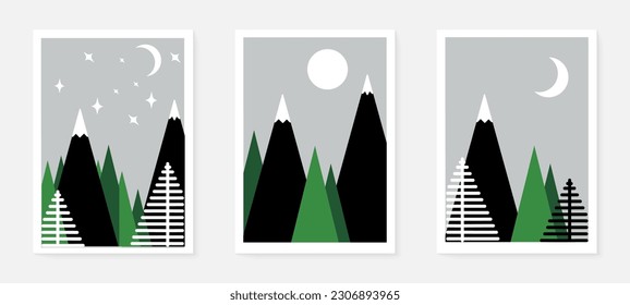 Colección del paisaje natural con fondo de montaña, mar, sol, luna.Ilustración vectorial editable para sitio web, invitación, postal y afiche