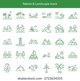 Collection of nature and landscape themed vector icons showcasing trees, mountains, desert scenes, windmill, lighthouse, city buildings, and a camping tent. Great for designs!