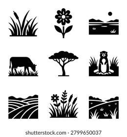 Collection of nature and landscape vector icons featuring meadows, flowers, animals, trees, and fields, perfect for environmental or agricultural designs.
