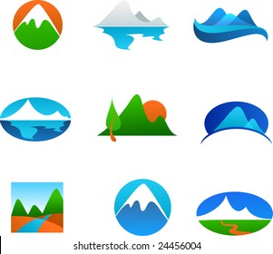 collection of nature landscapes icons - mountains and rivers