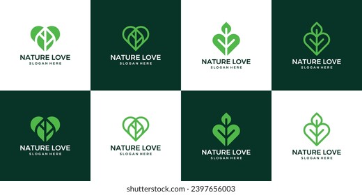 Kollektion von Nature Blatt Logo Design-Vorlage mit Herz-Liebe-Design Grafik Vektorgrafik. Symbol, Symbol, kreativ.