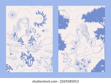 Collection of nature posters with beautiful woman Nymphs and wild animals and plants. Art line illustration. Editable vector illustration