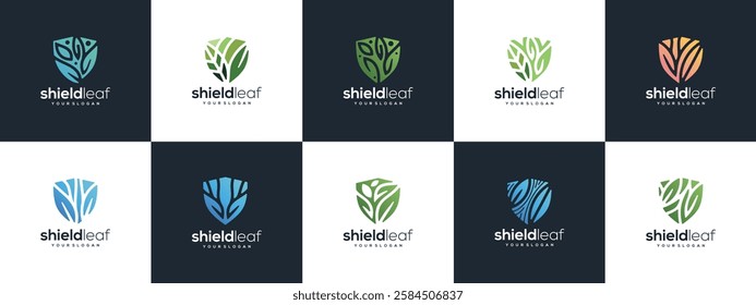 Collection of nature security shield logo designs. Vector icon set of shield logo design with nature leaves.	