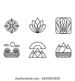 Collection of nature and travel themed line icons isolated on white