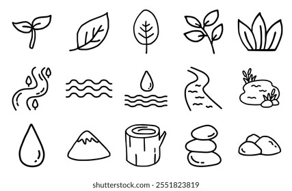 Collection of nature vector illustration icons on white background in hand drawn style.  Contains plants, leaves, grass, river, water, mountain, pond, and stones