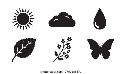 Colección de Elementos de naturaleza y Clima como siluetas negras aisladas sobre fondo blanco