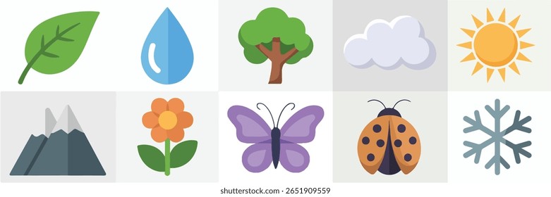 A collection of nature-themed icons including a green leaf, blue water drop, tree, cloud, sun, orange flower, purple butterfly, ladybug, and snowflake.