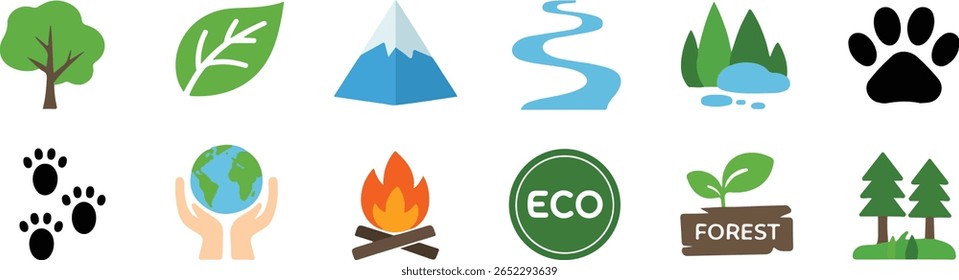 A collection of nature-themed icons including trees, a leaf, a mountain, a river, paw prints, the earth held in hands, a campfire, an eco symbol, and a seedling growing from a wooden block.