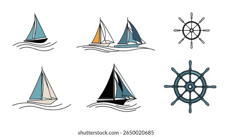 A collection of nautical designs featuring sailboats and ship wheels for maritime themed graphics and projects