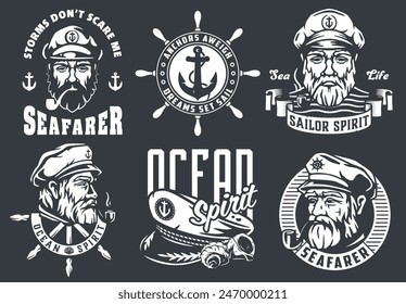 Collection of nautical designs featuring stylized captains, anchors, and bold text celebrating the seafarer life and ocean spirit.