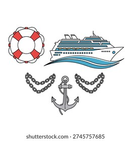 A collection of nautical elements including a cruise ship sailing on waves, a life preserver, an anchor, and two chains.