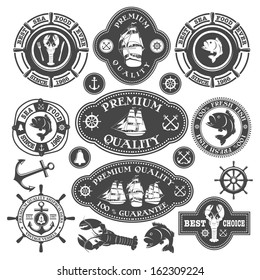 Collection of nautical labels, seafood illustrations and designed elements