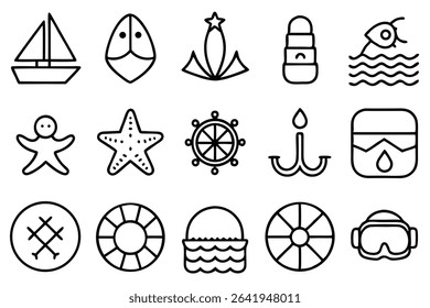 Collection of nautical and marine themed outline icons perfect for travel adventure and seaside related design elements