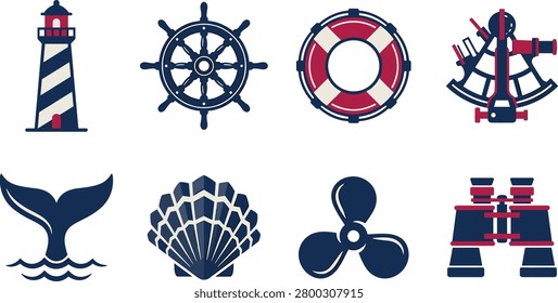 Collection of nautical and maritime icons featuring a lighthouse, ship wheel, lifebuoy, sextant, whale tail, seashell, propeller, and binoculars. Ideal for marine travel, sailing, coastal tourism, navigation, and ocean-themed design projects.