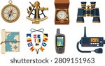 Collection of Nautical Navigation and Communication Tool Illustrations Featuring Compass, Sextant, Chronometer, Flags, GPS and Marine Radio