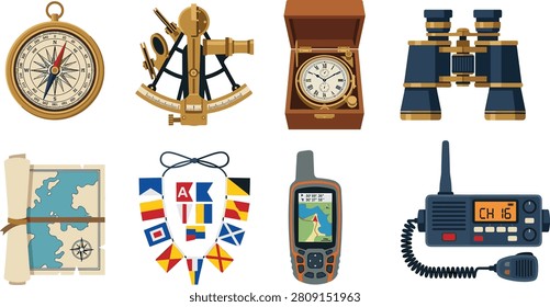 Collection of Nautical Navigation and Communication Tool Illustrations Featuring Compass, Sextant, Chronometer, Flags, GPS and Marine Radio