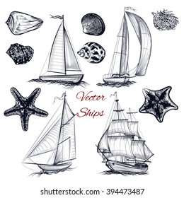 Collection or nautical set of vector ships and boats with sea shells starfishes and other hand drawn