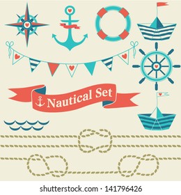 Collection of nautical symbols. Cartoon nautical icons. Elements for scrap-booking. Hand drawn vector illustration.