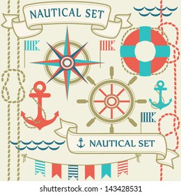 Collection of nautical symbols. Cartoon nautical icons. Elements for scrap-booking. Hand drawn vector illustration.