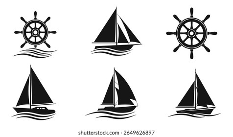 Collection of nautical symbols featuring sailing boats and ship wheels with waves symbolizing maritime adventure and ocean travel experiences